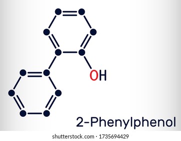 2-Phenylphenol, biphenylol, orthophenyl, C12H10O molecule. It is an antifungal agent and preservative with E number E231. Skeletal chemical formula. Vector illustration