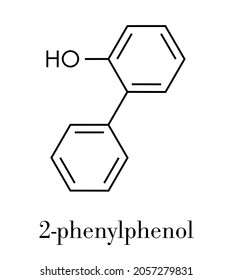 2-phenylphenol preservative molecule. Biocide used as food additive, preservative, and disinfectant.  Skeletal formula. svg