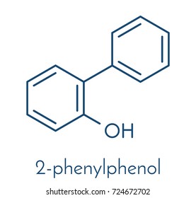 2-phenylphenol preservative molecule. Biocide used as food additive, preservative, and disinfectant.  Skeletal formula.