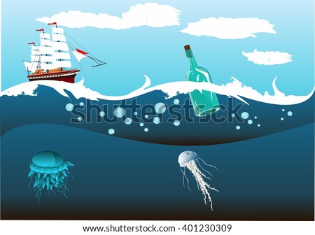 2Ship with white sails running in the ocean waves, underwater world, sea depth.