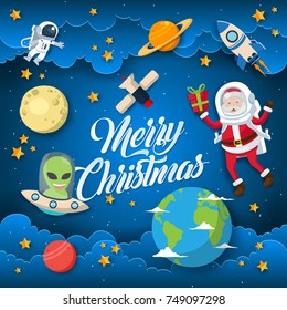 2Space Theme Merry Christmas And Happy New Year Paper Art Card Illustration