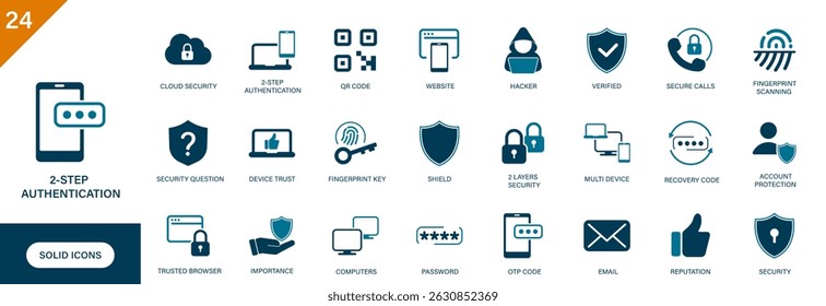 2-step authentication icon. Containing security, fingerprint, OTP code, password, recovery code. Solid vector icon set.