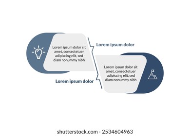 Infografía de procesos de negocio de 2 pasos: Plantilla de la línea de tiempo del Vector para presentaciones de Profesionales, comunicación visual y representación de datos estratégicos.