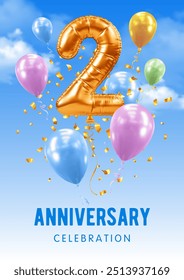 2th Anniversary celebration. Number 2 in the form of golden balloon. 3D realistic golden numeral two, confetti, blue sky background. Template for birthday, other special event. Vector illustration