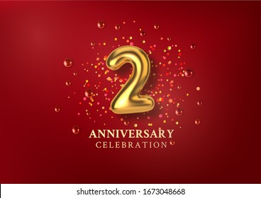 2th Anniversary celebration. Number in the form of golden balloons. Realistic 3d gold numbers and sparkling confetti, glitters. Horizontal template for Birthday or wedding event. Vector illustration