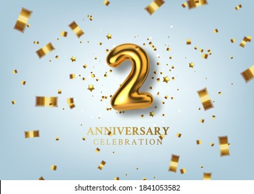 2th Anniversary celebration. Number in the form of golden balloons. Realistic 3d gold numbers and sparkling confetti, serpentine. Horizontal template for Birthday or wedding event. Vector illustration