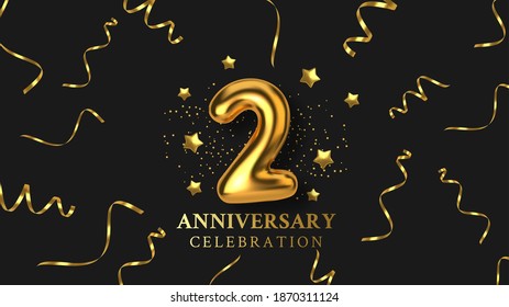 2th Anniversary celebration. Number in the form of golden balloons. Realistic 3d gold numbers and sparkling confetti, serpentine. Horizontal template for Birthday or wedding event. Vector illustration