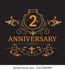 2th anniversary celebration.2 years anniversary logo with golden ribbon for booklet, leaflet, magazine, brochure poster, banner, web, invitation or greeting card. Vector illustrations.