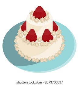 2-tier birthday cake with strawberries and cream decoration on a blue plate