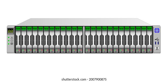 2u server, disk storage system shelf containing 24 2.5-inch SAS hard drives. Interface connectors and information display. Vector illustration.
 svg