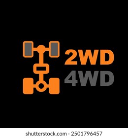 2WD and 4WD wheel drive car dashboard light on, four-wheel drive icon animation, awd on indicator, vector