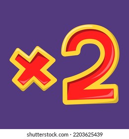 2x game icon. Vector symbol of gambling bonus. Lucky number, jackpot. Red and yellow text.