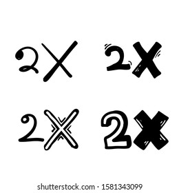 2x logo icon. X2 text letter, double faster logotype symbol.hand drawn scribble style