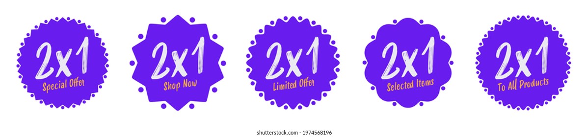 2x1 special offer sticker label set. Shop now with half price, limited proposition, selected item or for all product. Adhesive supermarket price badge. Vector illustration isolated on white background