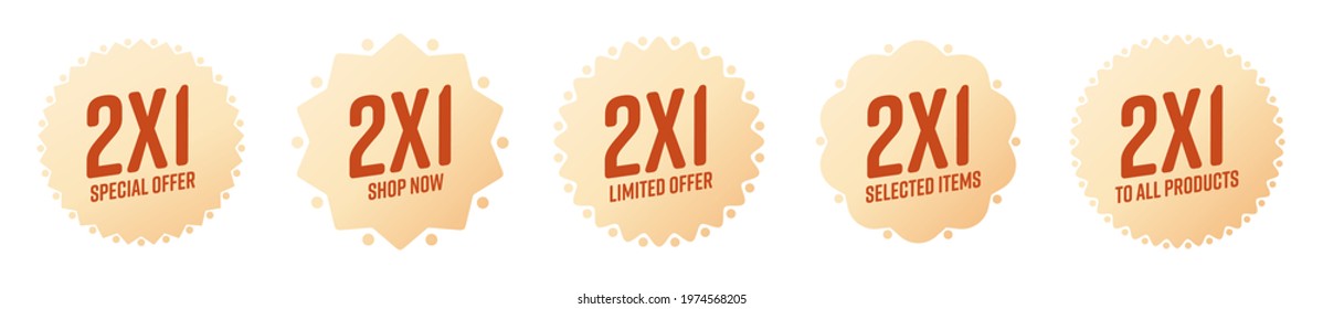 2x1 sticker label for shop store marketing campaign set. Shop now with half price sale and discount promotion. Sticky product item badge. Vector illustration isolated on white background