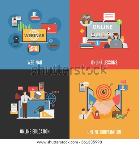 2x2 flat design concept set of webinar online education and online cooperation compositions flat vector illustration