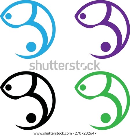 A 2x2 grid of four stylized fish icons, each designed in a circular yin-yang formation with two curved fish shapes wrapping around each other.