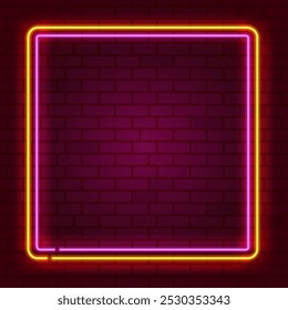 2x2 square neon frame Yellow and Pink colors at brick wall background. Glowing neon frame in retro 80s - 90s style. Colored neon sign with empty space. Editable Vector