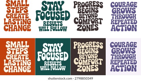 A 2x4 grid of inspirational quotes on colorful backgrounds with a wavy bubble font