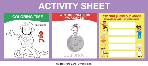 3 in 1 Activity Kit für Kinder mit Kids Profession Träumen. Unterrichtsausdrucksblatt für Vorschulen. Färben Sie die Seite, erraten Sie unsere Jobs und schreiben Sie Übungsblatt. Cute Cartoon Vektordatei.