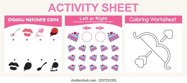 3 in 1 Activity kit Valentine’s edition for preschool and kindergarten kids. Educational printable worksheet. Colouring page, matching shadows, how many are left or right fun activity worksheet. 