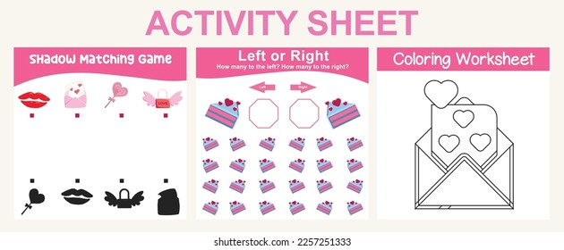 3 in 1 Activity kit Valentine’s edition for preschool and kindergarten kids. Educational printable worksheet. Colouring page, matching shadows, how many are left or right fun activity worksheet. 