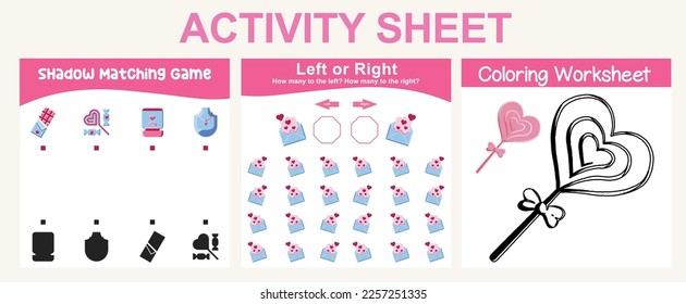 3 in 1 Activity kit Valentine’s edition for preschool and kindergarten kids. Educational printable worksheet. Colouring page, matching shadows, how many are left or right fun activity worksheet. 
