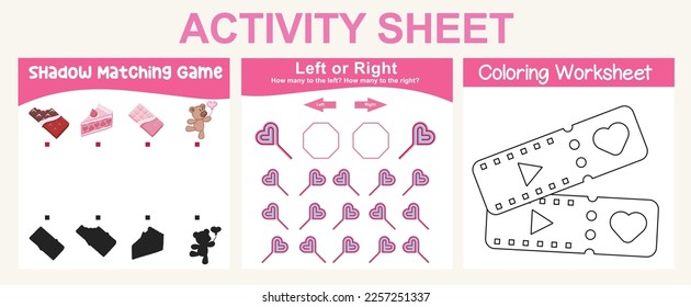 3 in 1 Activity kit Valentine’s edition for preschool and kindergarten kids. Educational printable worksheet. Colouring page, matching shadows, how many are left or right fun activity worksheet. 