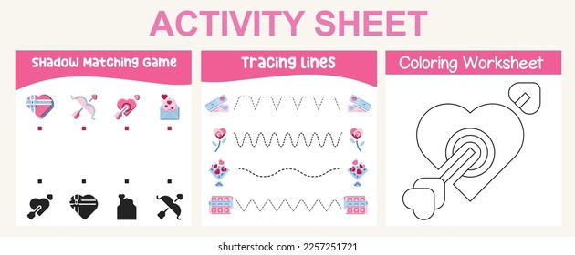 3 in 1 Activity kit Valentine’s edition for preschool and kindergarten kids. Educational printable worksheet. Colouring page, matching shadows, tracing lines fun activity worksheet. Vector file.