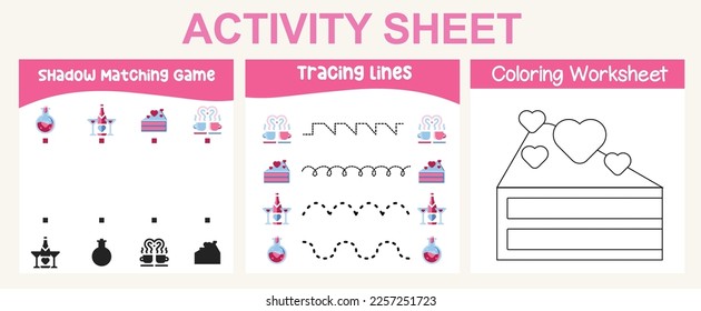 3 in 1 Activity kit Valentine’s edition for preschool and kindergarten kids. Educational printable worksheet. Colouring page, matching shadows, tracing lines fun activity worksheet. Vector file.