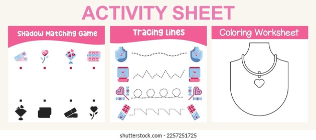 3 in 1 Activity kit Valentine’s edition for preschool and kindergarten kids. Educational printable worksheet. Colouring page, matching shadows, tracing lines fun activity worksheet. Vector file.