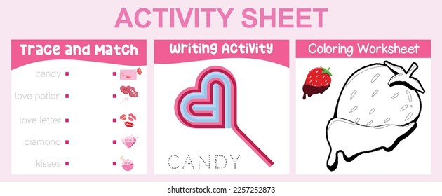 3 in 1 Activity-Kit Valentine's Edition für Vorschulkinder und Kindergärten. Bilddruckblatt. Färben von Seiten, Titel und Übereinstimmung, Schreiben von Aktivitäten lustige Aktivitäten Arbeitsblatt. Vektordatei.