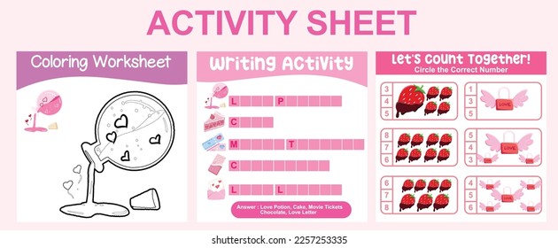 3 in 1 Activity kit Valentine’s edition for preschool and kindergarten kids. Educational printable worksheet. Colouring page, complete missing letters, counting worksheet fun activity worksheet. 
