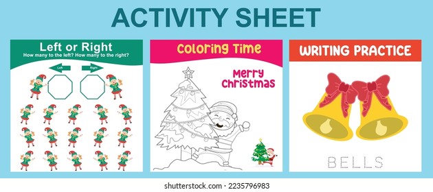 3 in 1 Activity Sheet for children. Educational printable worksheet for preschool. Left or right, coloring activity and writing practice worksheet. Vector illustrations.