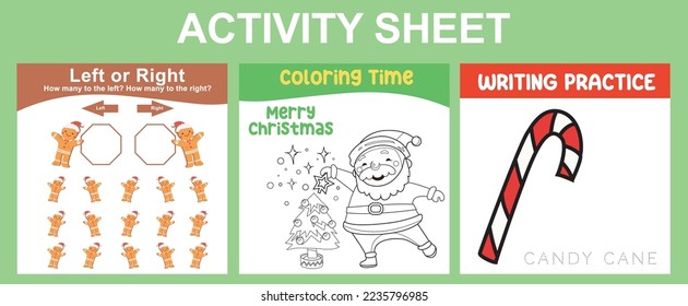 3 in 1 Activity Sheet for children. Educational printable worksheet for preschool. Left or right, coloring activity and writing practice worksheet. Vector illustrations.