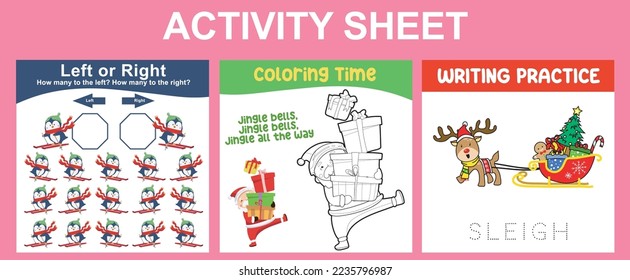 3 in 1 Activity Sheet for children. Educational printable worksheet for preschool. Left or right, coloring activity and writing practice worksheet. Vector illustrations.
