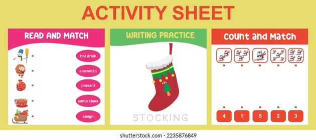 3 in 1 Activity Sheet for children. Educational printable worksheet for preschool. Read and match, count and match, and writing activity. Vector illustrations.
