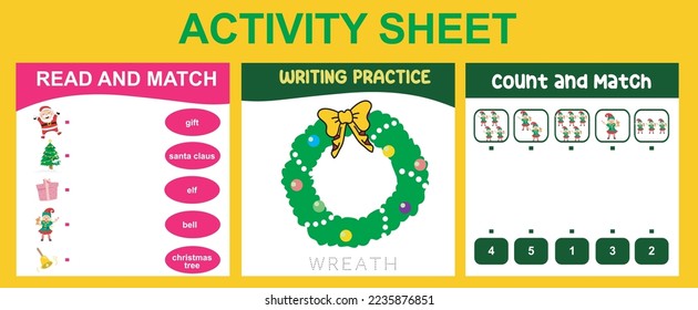 3 in 1 Activity Sheet for children. Educational printable worksheet for preschool. Read and match, count and match, and writing activity. Vector illustrations.