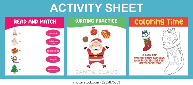 3 in 1 Activity Sheet for children. Educational printable worksheet for preschool. Read and match, count and match, and writing activity. Vector illustrations.