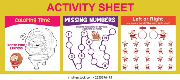 3 en 1 Hoja de actividades para niños. Hoja de trabajo educativa imprimible para preescolar. Colores, números que faltan y actividad izquierda o derecha. Ilustraciones vectoriales.