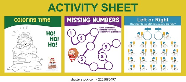 3 in 1 Activity Sheet for children. Educational printable worksheet for preschool. Coloring, missing numbers, and left or right activity. Vector illustrations.