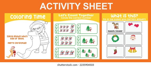 3 in 1 Activity Sheet for children. Educational printable worksheet for preschool. Coloring, counting together and writing activity. Vector illustrations. 