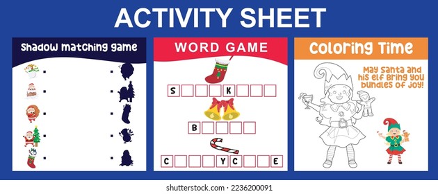 3 en 1 Hoja de actividades para niños. Hoja de trabajo educativa imprimible para preescolar. Coloración, coincidencia de sombras, actividad de escritura. Ilustraciones vectoriales. 