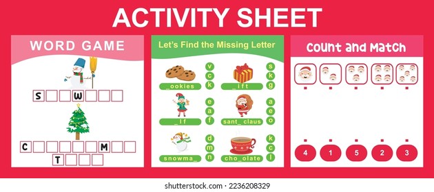 3 en 1 Hoja de actividades para niños. Hoja de trabajo educativa imprimible para preescolar. Complete las palabras, falta la letra, cuenta y la actividad de coincidencia. Ilustraciones vectoriales. 