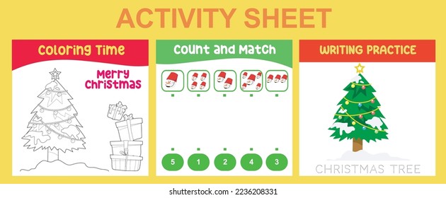 3 in 1 Activity Sheet for children. Educational printable worksheet for preschool. Coloring, count and match, and writing activity. Vector illustrations. 