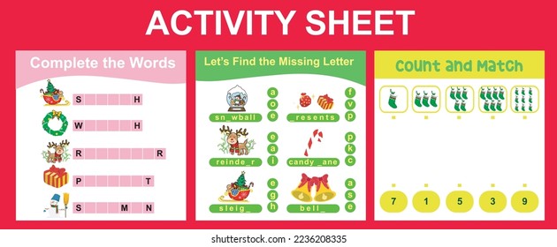 3 en 1 Hoja de actividades para niños. Hoja de trabajo educativa imprimible para preescolar. Complete las palabras, falta la letra, cuenta y la actividad de coincidencia. Ilustraciones vectoriales. 