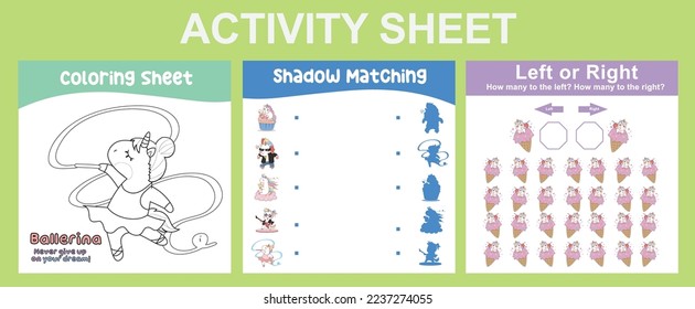 3 in 1 Activity Sheet for children. Educational printable worksheet for preschool. Coloring, shadow matching, left or right activity. Vector illustrations. 