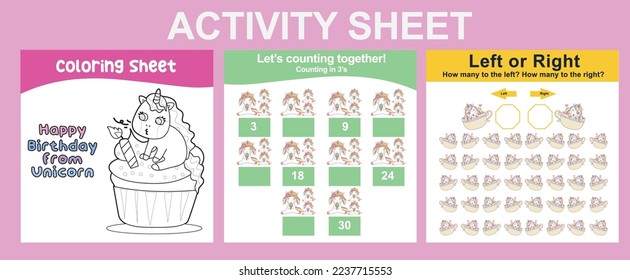 3 in 1 Activity Sheet for children. Educational printable worksheet for preschool. Coloring, counting together, left or right activity. Vector illustrations. 