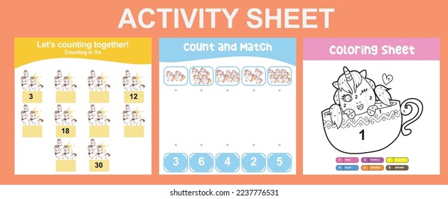3 in 1 Activity Sheet for children. Educational printable worksheet for preschool. Coloring and counting activity. Vector illustrations. 