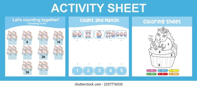 3 in 1 Activity Sheet for children. Educational printable worksheet for preschool. Coloring and counting activity. Vector illustrations. 